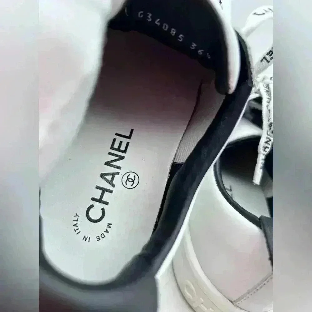 Chanel White Leather Casual Sneakers: Women's Size 36.5 Logo Laces CC - Picture 9 of 13